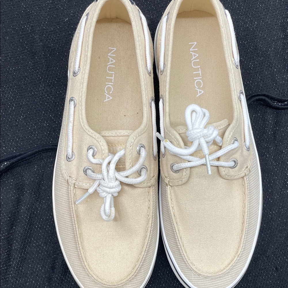 Nautica Cream Canvas Deck Shoes with White Laces